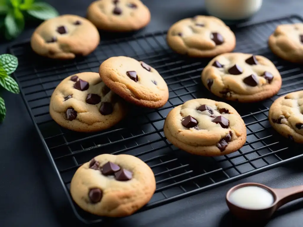 Deliciosa imagen de galletas veganas recién horneadas en rejilla, con chocolate derretido