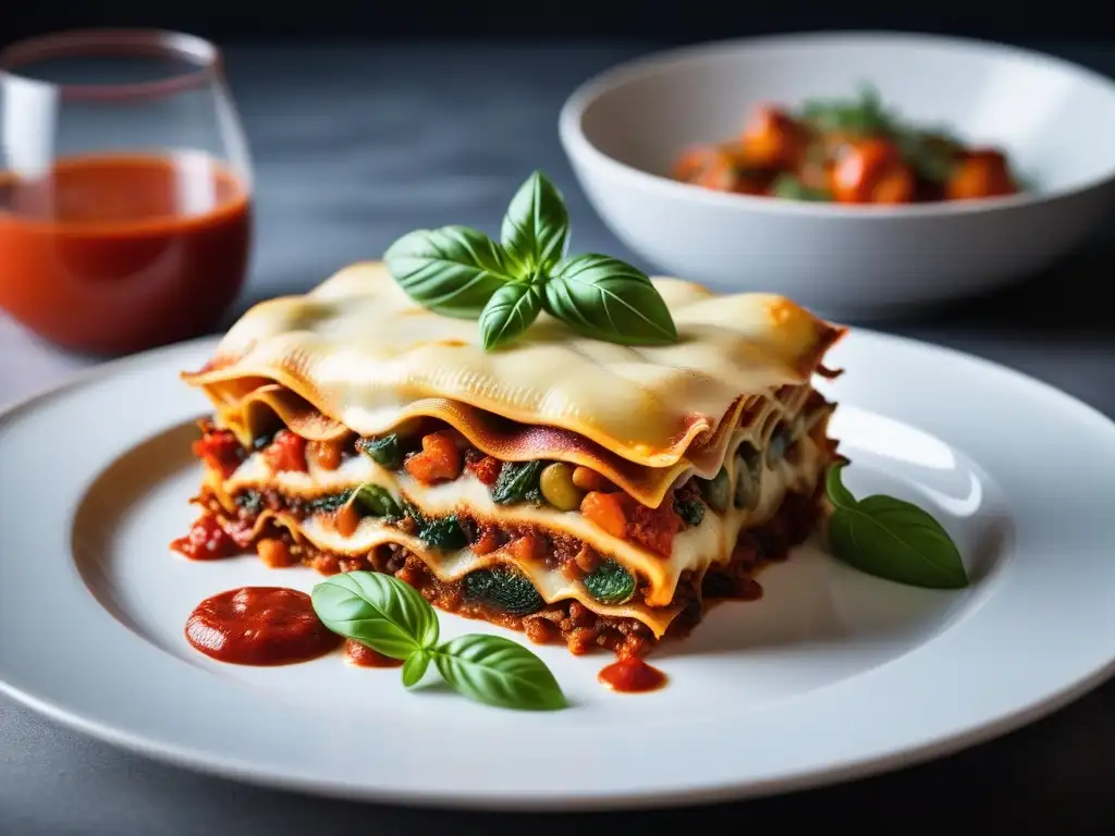 Una deliciosa lasaña vegana con capas de verduras asadas, salsa de tomate y bechamel, decorada con albahaca fresca