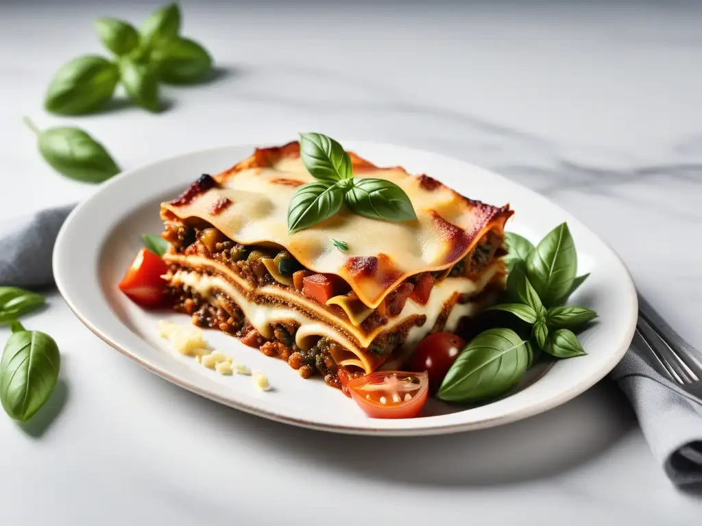 Una deliciosa lasaña vegana dorada y burbujeante, con capas de verduras asadas coloridas, queso vegano y albahaca fresca