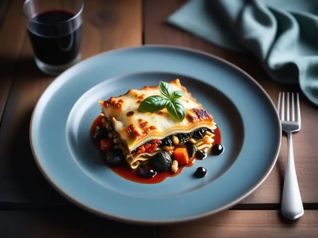 Deliciosa lasaña vegana con ricotta casera, vegetales asados y albahaca, todo en un elegante plato sobre una mesa de madera rústica