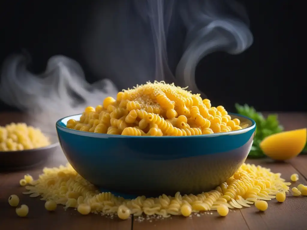 Deliciosa levadura nutricional beneficios veganos espolvoreada sobre macarrones con queso vegano, creando una imagen apetitosa y vibrante