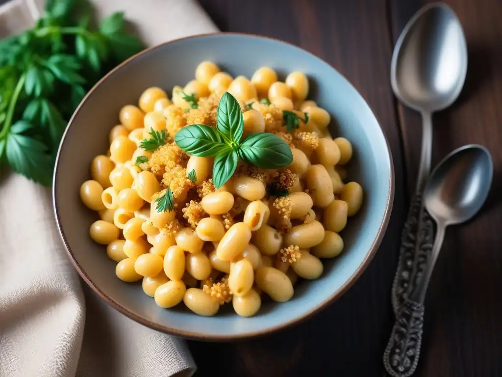 Deliciosa macarrones con queso vegano y alternativas veganas al queso, presentado en un plato moderno sobre mesa de madera