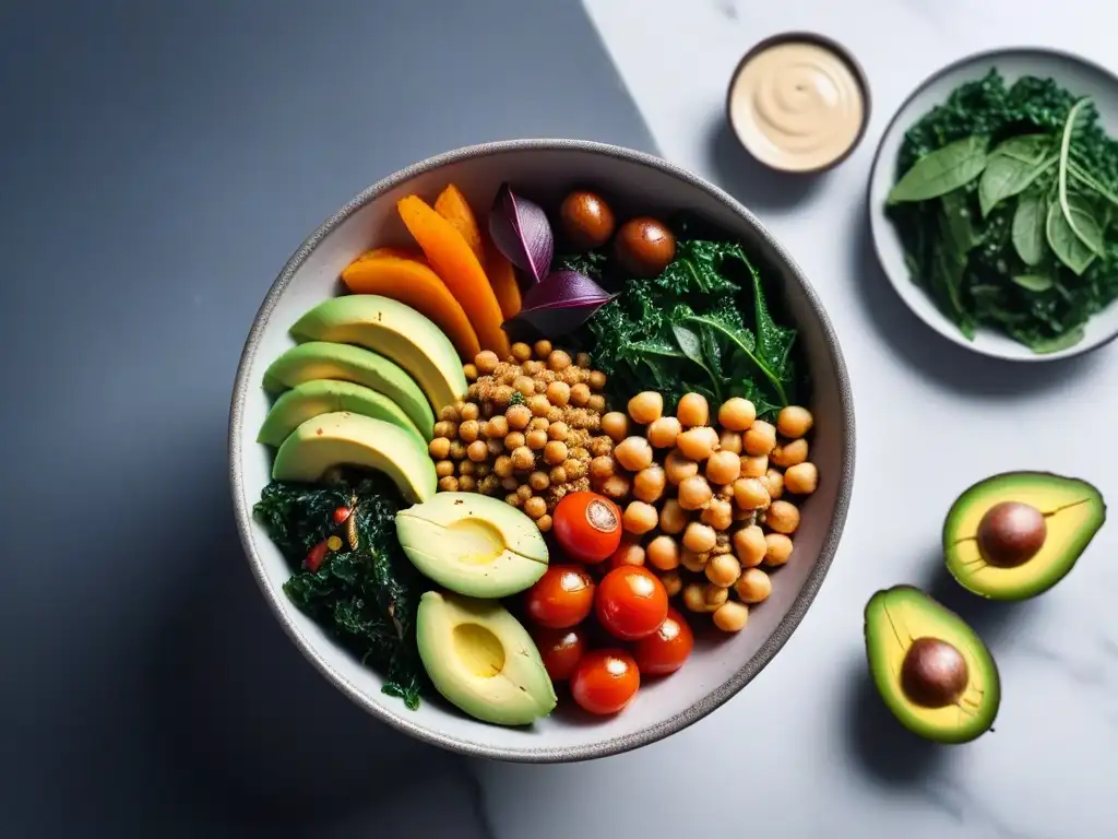 Deliciosa guía balancear macronutrientes plato vegano lleno de coloridos ingredientes nutritivos