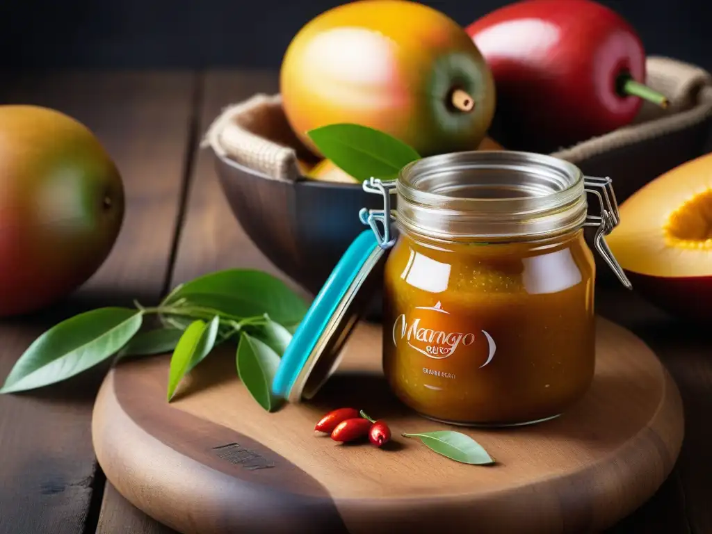 Deliciosa chutney de mango en frasco sobre mesa de madera con ingredientes frescos