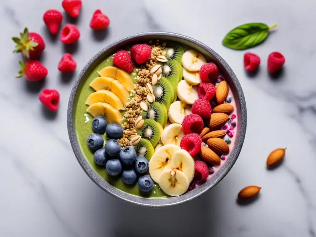 Deliciosa merienda vegana alta en proteína: bowl de smoothie con almendras, semillas de chía y bayas frescas sobre mármol