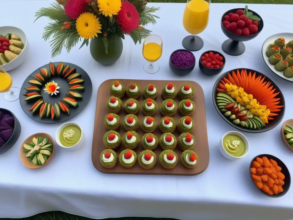 Deliciosa mesa de fiesta vegana con comida colorida y elegante para celebraciones