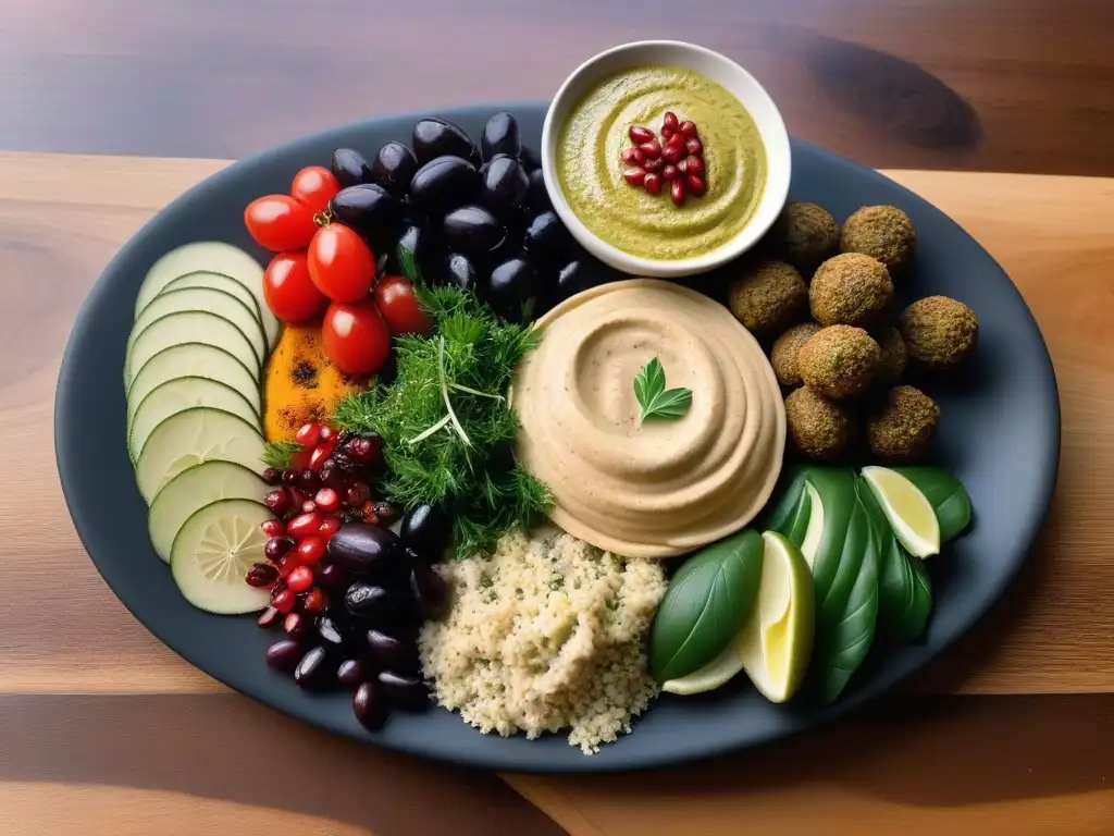 Deliciosa mezcla vegana mediterránea en tabla rústica con hummus, falafel, tabulé y más