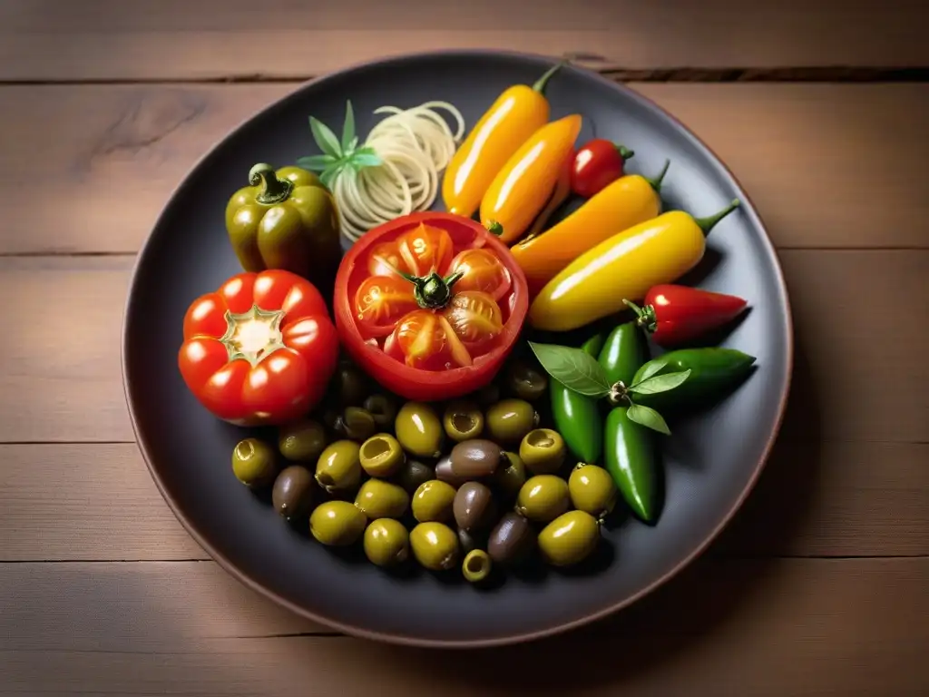 Deliciosa obra de arte culinaria vegana española con tomates, aceitunas, pimientos y hierbas, celebrando la tradición