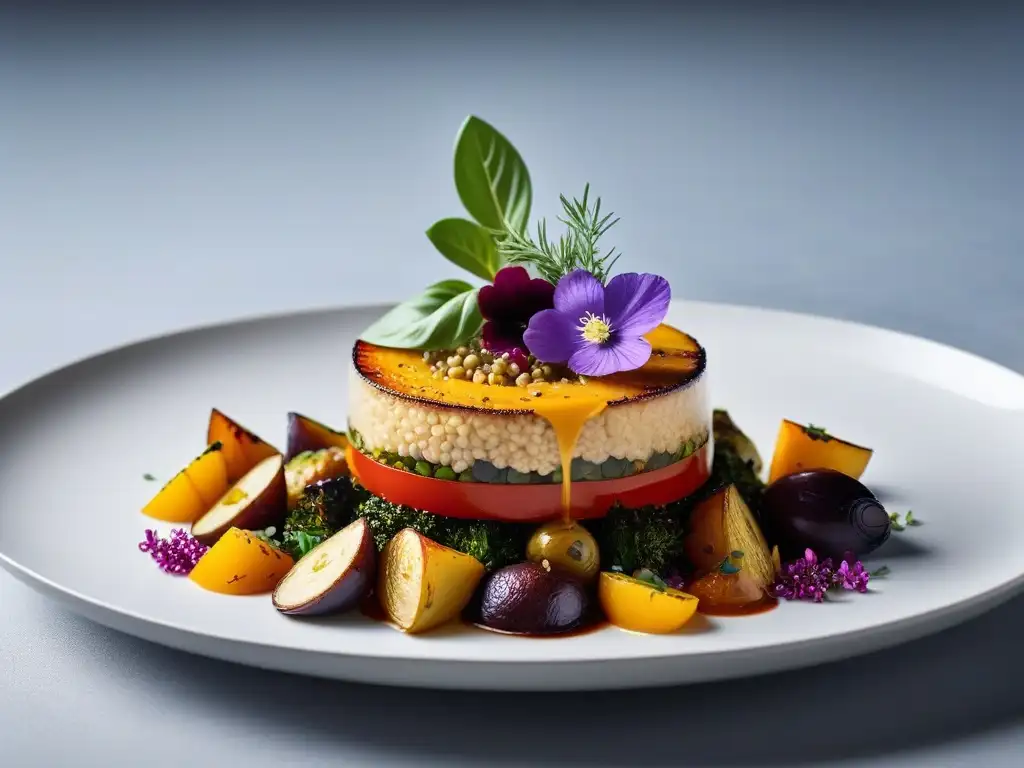 Deliciosa obra de arte culinaria vegana portuguesa con vegetales asados y quinoa, en un elegante fondo minimalista