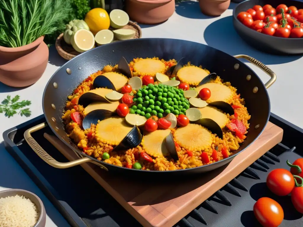 Deliciosa paella vegana española cocinada al aire libre con ingredientes frescos