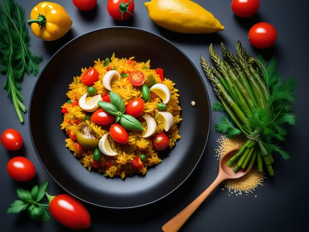 Deliciosa paella vegana fácil con vegetales frescos y arroz de azafrán en un plato negro geométrico