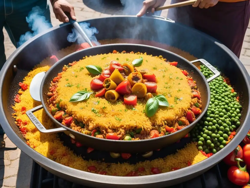 Una deliciosa paella vegana llena de colores se cocina en una paellera sobre fuego