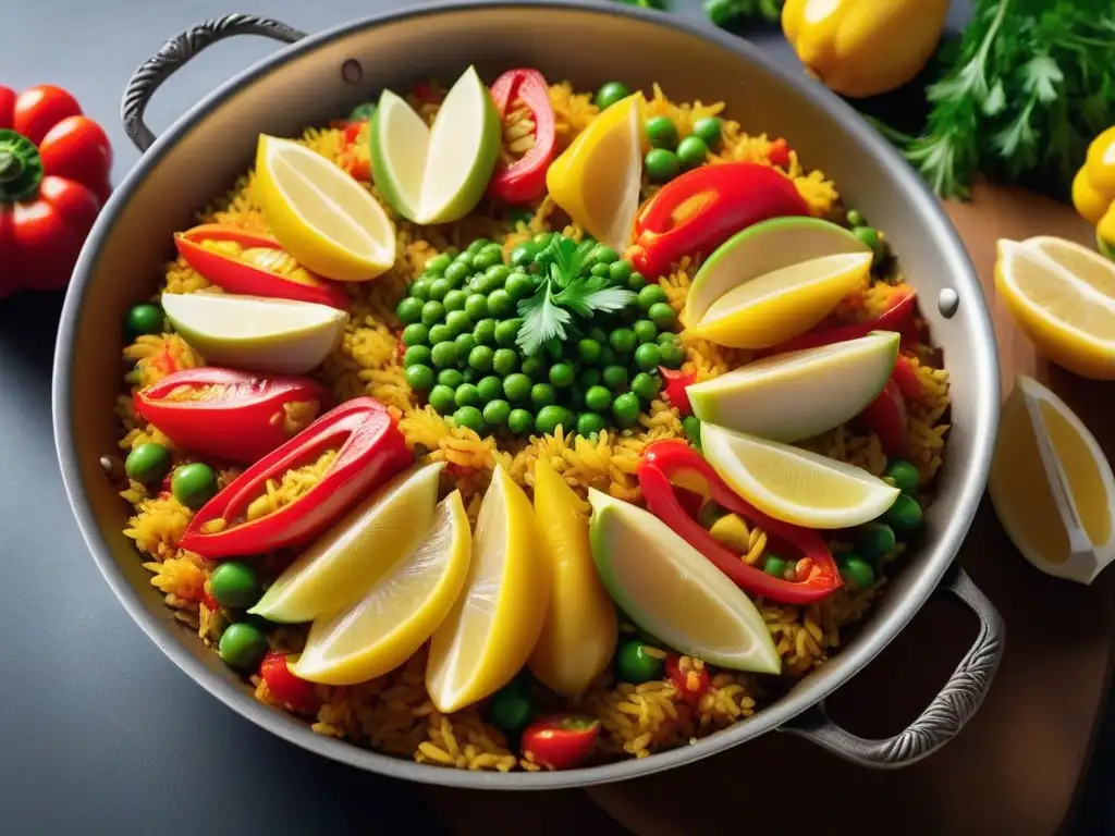 Una deliciosa paella vegana llena de color y sabor, bajo el sol mediterráneo