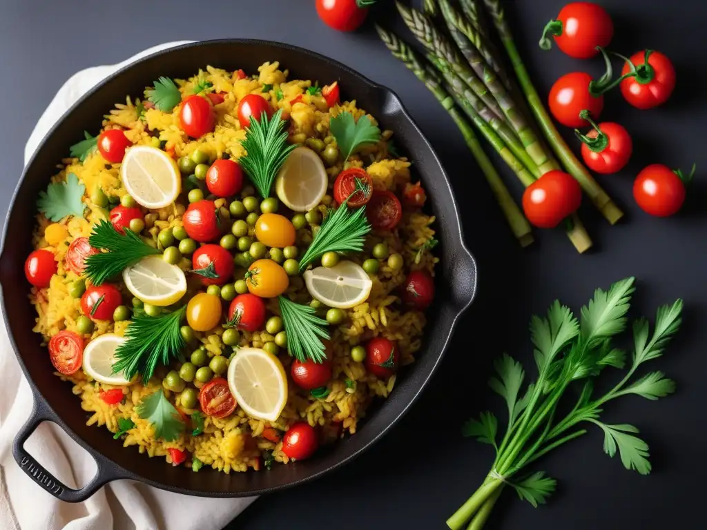 Deliciosa paella vegana mediterránea con vegetales frescos y arroz dorado, presentada de manera moderna en una sartén tradicional española