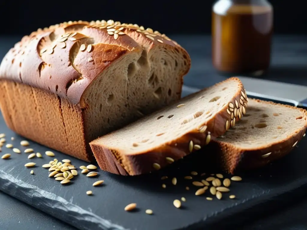 Deliciosa panadería vegana sin gluten centeno con corteza dorada y semillas de lino, en tabla de piedra negra