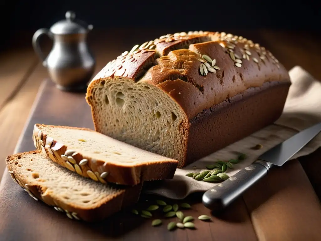 Deliciosa panadería vegana sin gluten con pan de centeno dorado y semillas, en una atmósfera rústica y artesanal