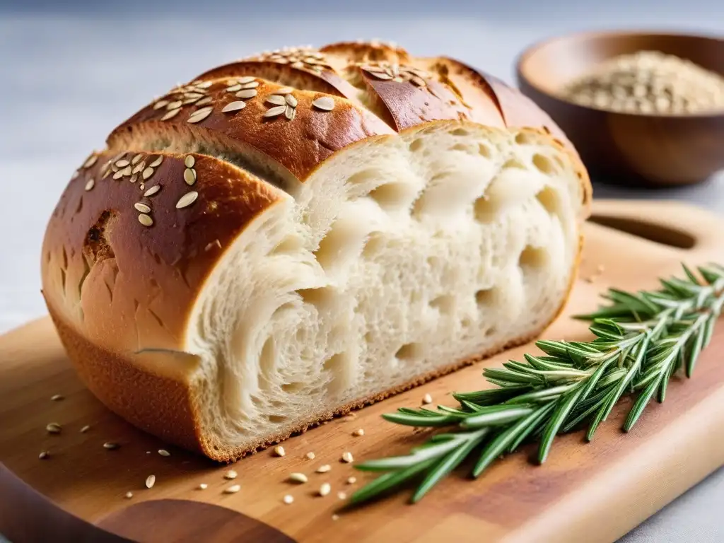 Deliciosa panadería vegana: pan crujiente dorado, esponjoso, con semillas y harina, sobre tabla rústica con romero fresco