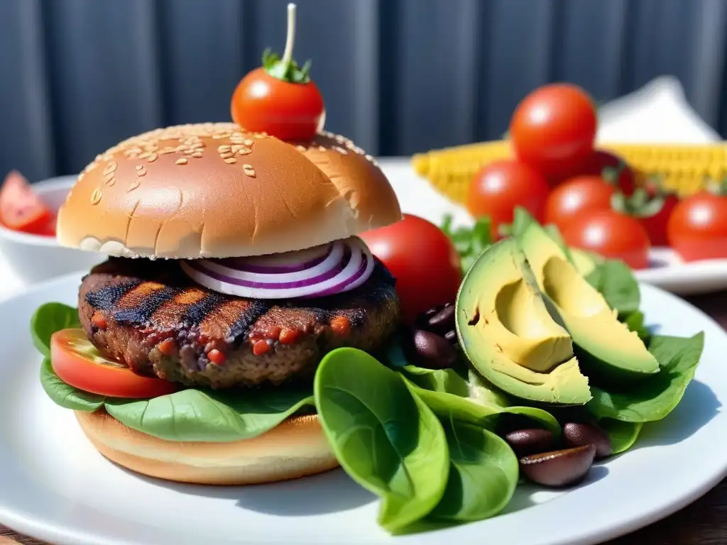 Deliciosa parrillada con hamburguesas veganas estilo americano en ambiente de barbacoa con amigos