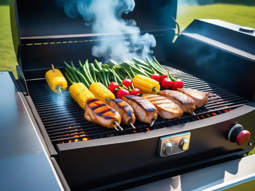 Deliciosa parrillada vegana: vegetales coloridos y pollo vegano marinado cocinándose a la perfección bajo el cielo azul