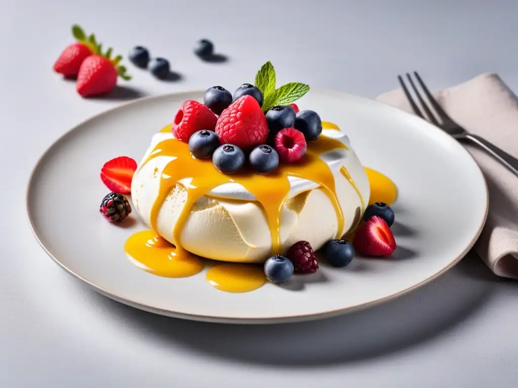 Deliciosa pavlova vegana con frutas y salsa de maracuyá en plato blanco moderno