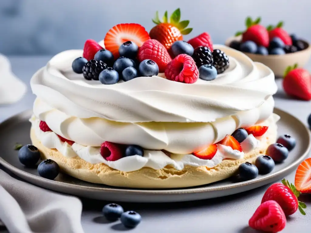 Deliciosa pavlova vegana ligera crujiente con frutos rojos frescos y crema de coco esponjosa