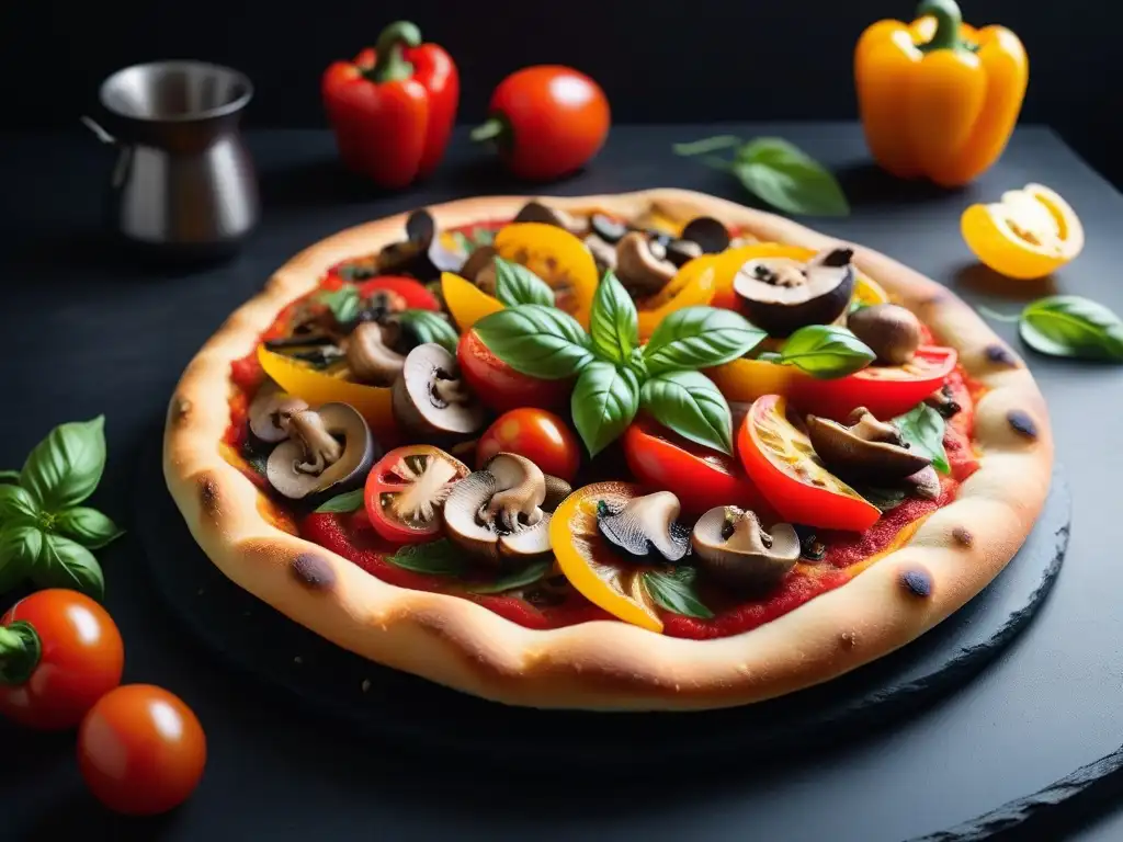 Deliciosa pizza vegana gourmet con ingredientes frescos y coloridos en una cocina minimalista