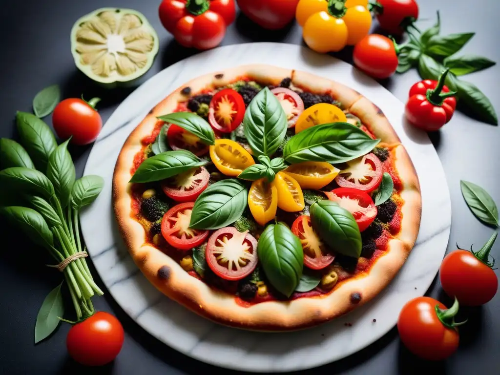 Deliciosa pizza vegana gourmet con coloridas verduras frescas y crujiente masa dorada en elegante cocina moderna