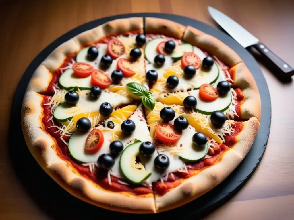 Deliciosa pizza vegana gourmet con coloridos ingredientes, en un elegante tablero de madera