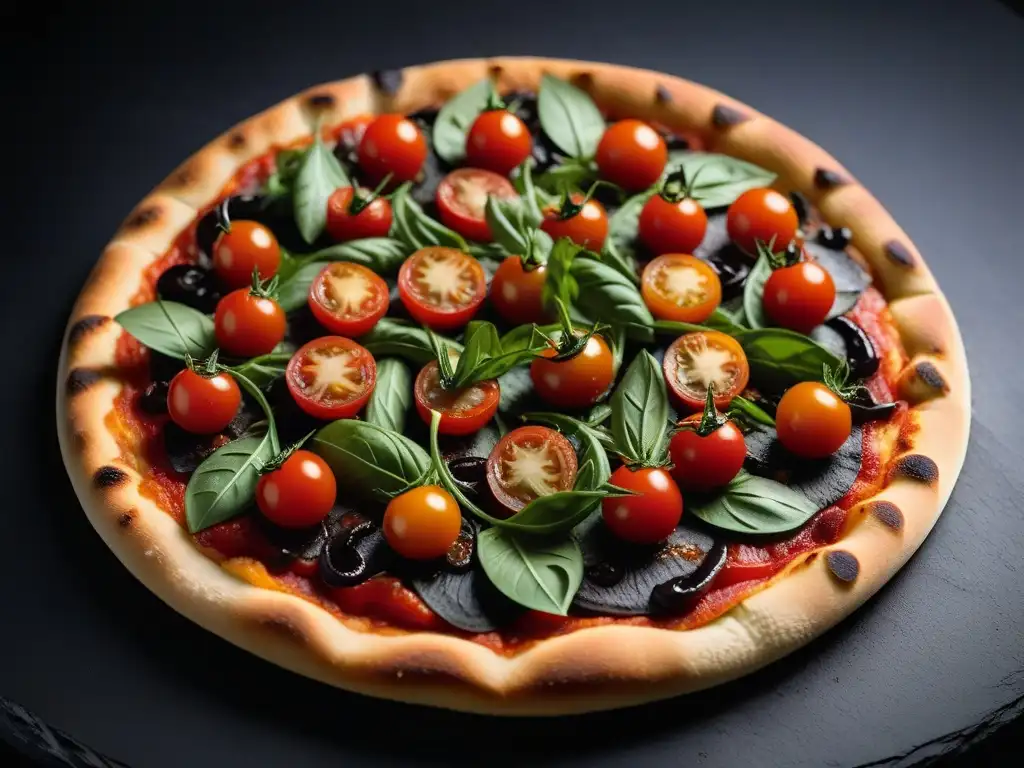 Deliciosa pizza vegana gourmet con tomates cherry, rúcula y alcachofas, bañada en glaseado balsámico, en una elegante superficie de pizarra negra