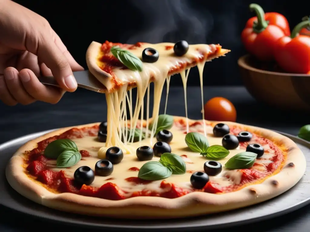 Deliciosa pizza vegana con quesos veganos derretidos estirándose en tentadoras hebras caramelizadas