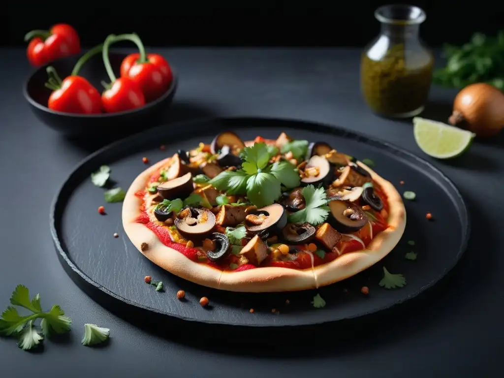 Deliciosa pizza vegana con sabores asiáticos en una presentación vibrante y moderna