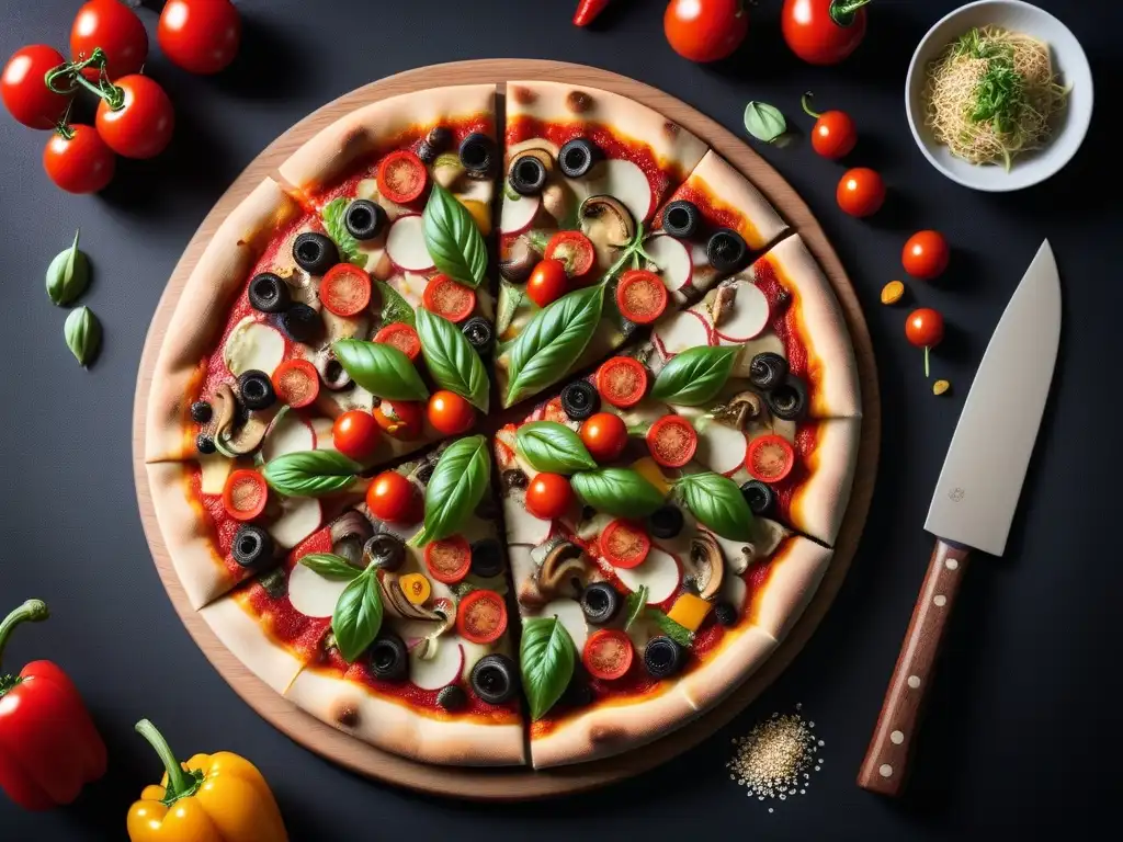 Deliciosa pizza vegana con sabores asiáticos, toppings coloridos y vibrantes en una presentación artística