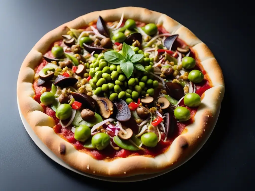 Deliciosa pizza vegana con sabores asiáticos, decorada con edamame, shiitake y castañas de agua, bañada en glaseado de soja y jengibre