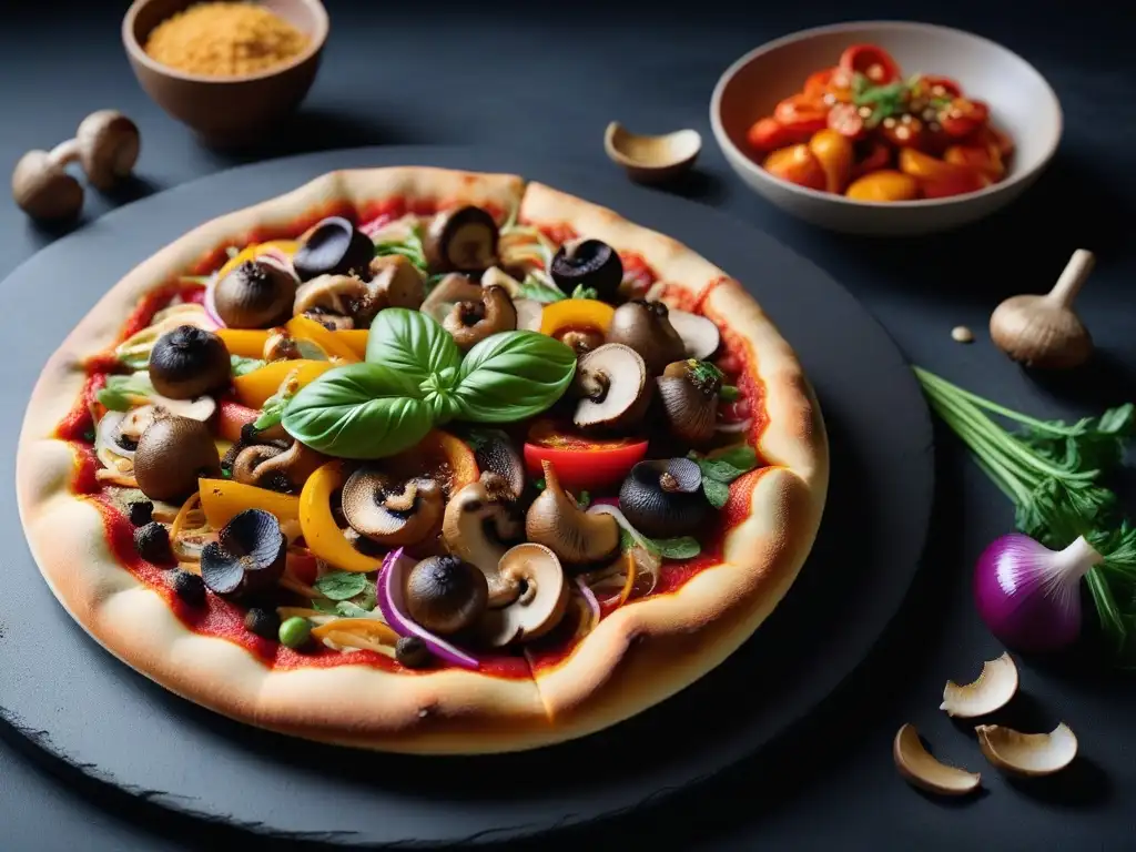 Deliciosa pizza vegana con sabores asiáticos, ingredientes vibrantes y crujiente masa