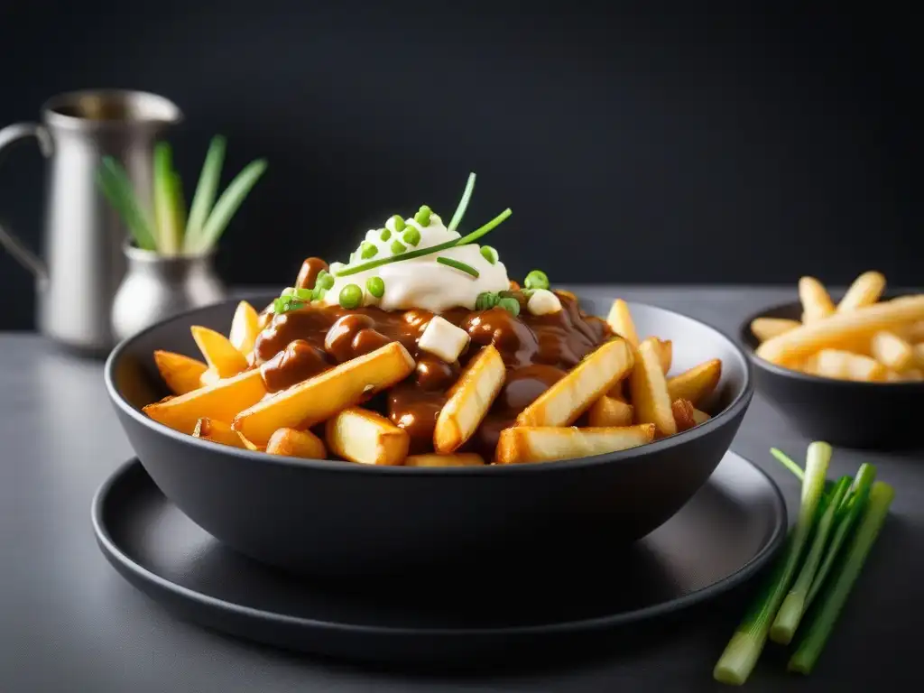 Una deliciosa poutine vegana en Canadá: crujientes papas fritas doradas, salsa vegana y queso sin lácteos, en un café moderno