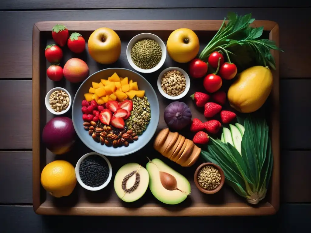 Deliciosa preparación vegana cruda con frutas, verduras, nueces y semillas en mesa de madera