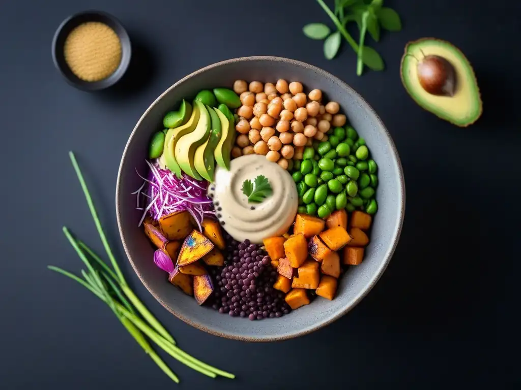 Deliciosa bowl de proteínas vegetales con quinoa, garbanzos, edamame y aderezo de tahini