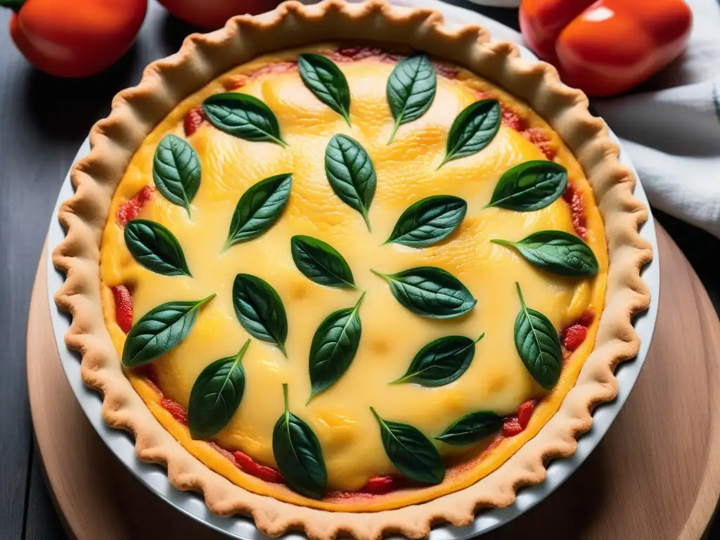 Deliciosa quiche vegana con crust dorado, relleno cremoso y coloridas verduras