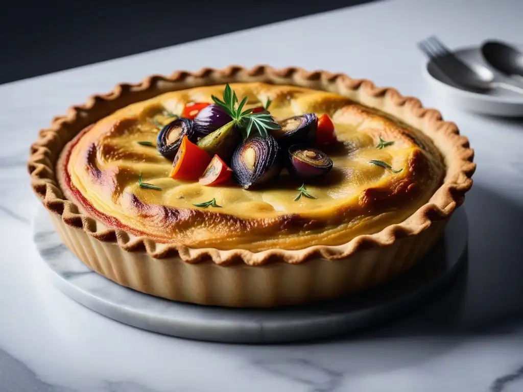 Deliciosa quiche vegana dorada con vegetales asados y hierbas frescas en elegante cocina de mármol