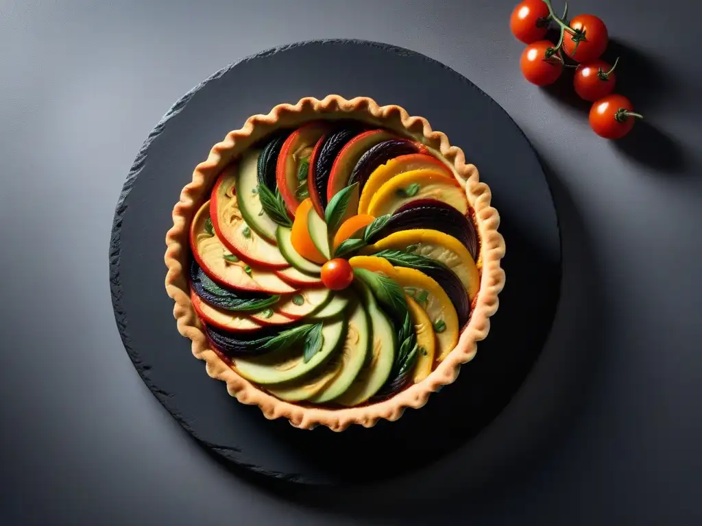 Deliciosa quiche vegana con vegetales coloridos en espiral