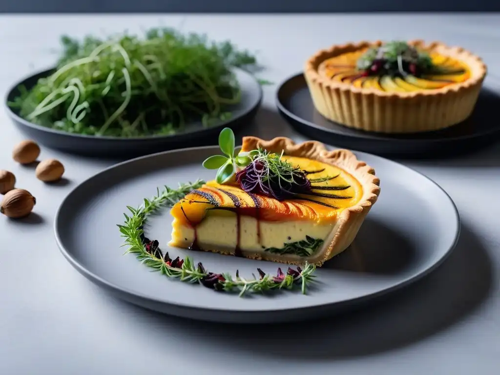 Deliciosa quiche vegana con vegetales, queso de anacardos y hierbas, adornada con microgreens y reducción balsámica