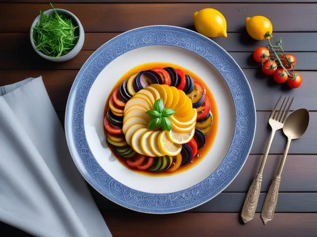 Deliciosa ratatouille vegana mediterránea con vegetales coloridos en un patrón intrincado, presentada en un elegante plato moderno