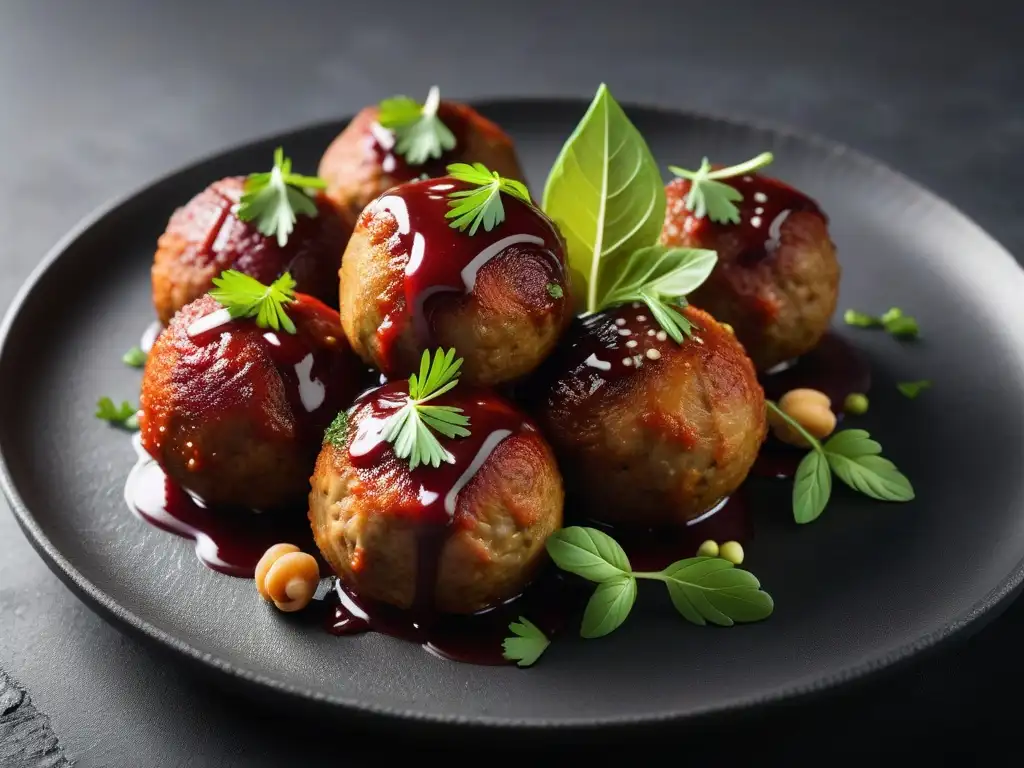 Deliciosa receta de albóndigas veganas fácil en plato de pizarra con ingredientes vibrantes y coloridos