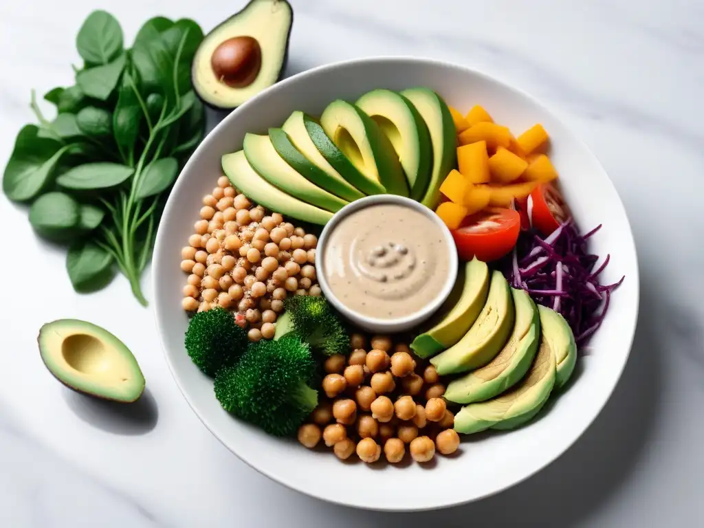 Deliciosa receta almuerzo vegano balanceado con Buddha bowl colorido en plato blanco sobre encimera de mármol