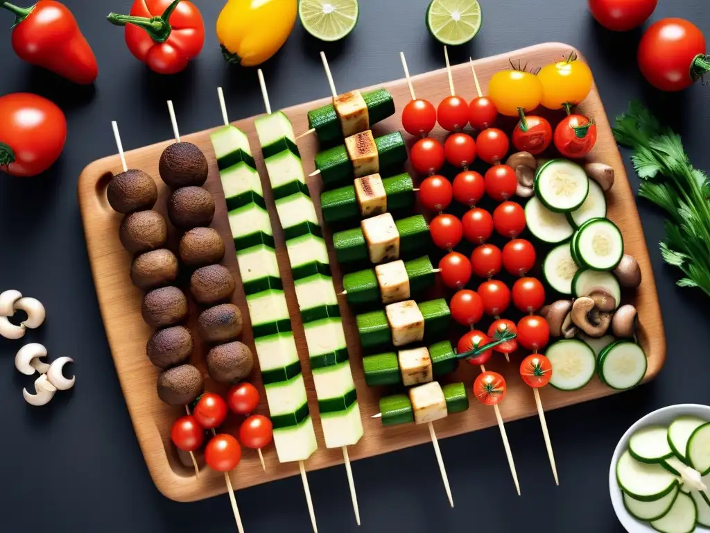 Deliciosa receta de brochetas de carne vegana con ingredientes frescos y coloridos en tabla de madera