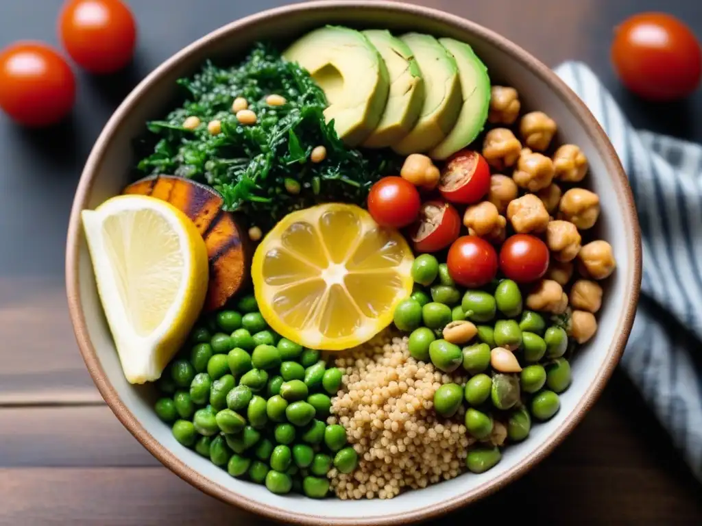 Deliciosa receta de Buddha bowl con proteínas vegetales, colorido y vibrante, en mesa de madera