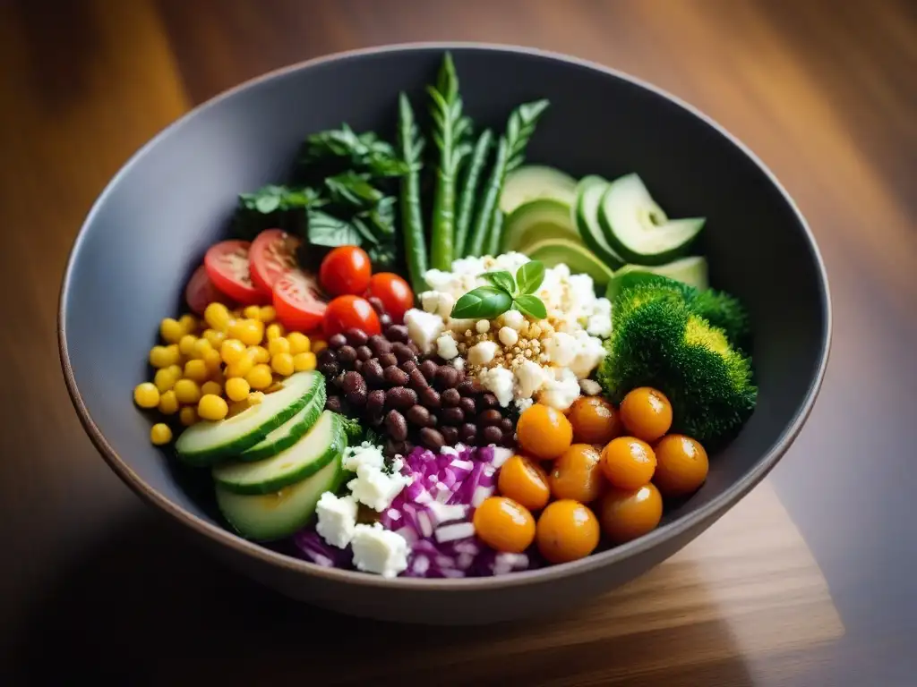 Deliciosa receta de Buddha bowl vegano con queso feta vegano y vegetales frescos en una mesa de madera