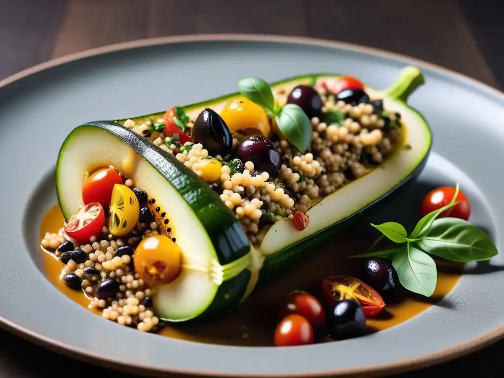 Deliciosa receta de calabacines rellenos vegano con quinoa, tomates cherry y tahini, en un plato elegante