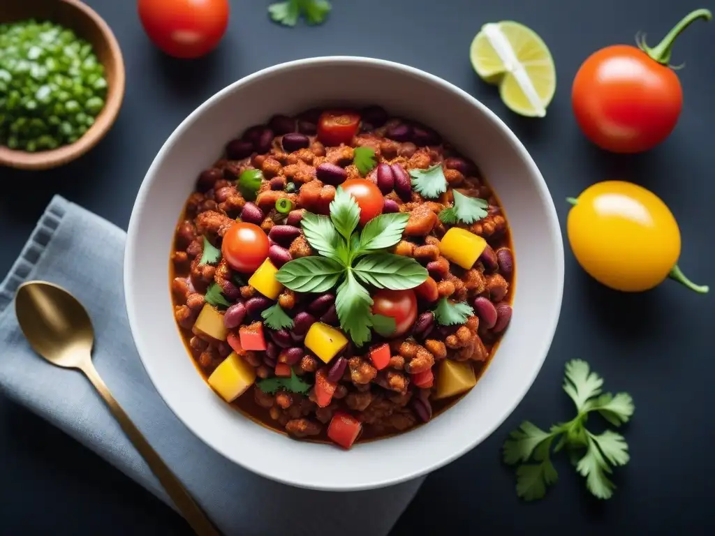 Deliciosa receta chili con carne vegano en un bol vibrante y moderno, con ingredientes coloridos y frescos