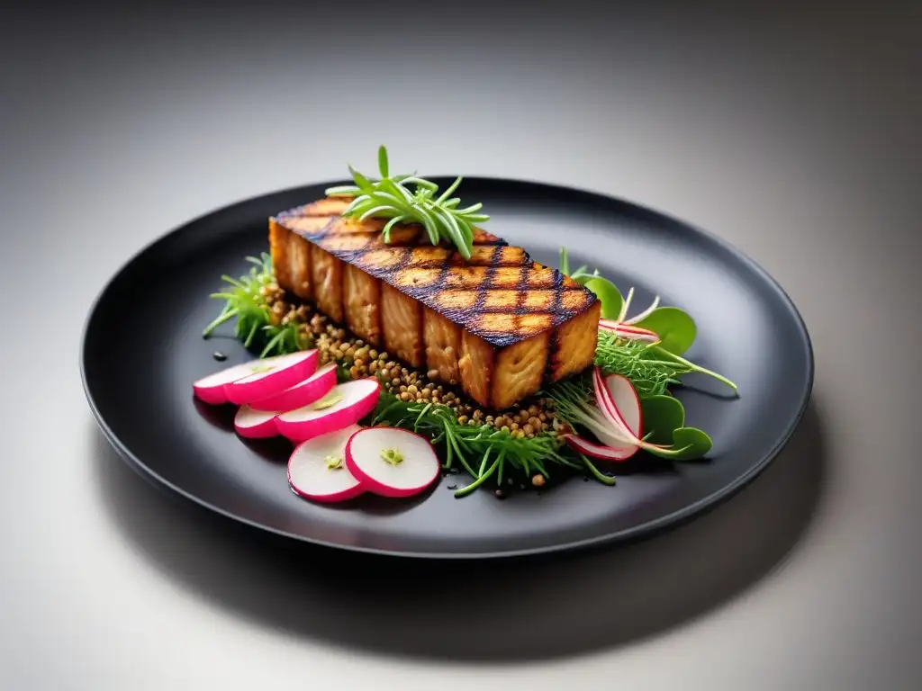 Deliciosa receta casera tempeh vegano con microgreens y balsámico en plato negro